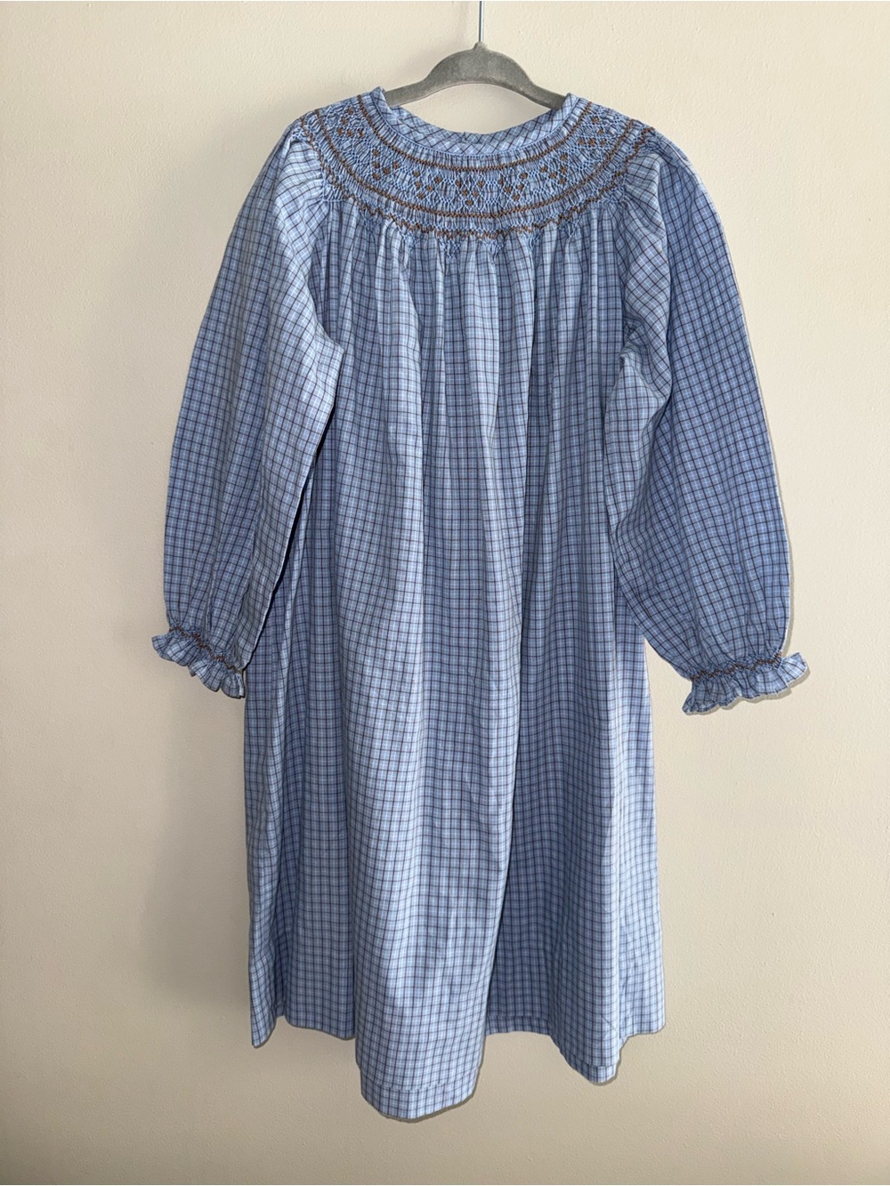 Girls Orient Expressed Girls Blue Gingham Smocked Long Puff Sleeve Dress 5